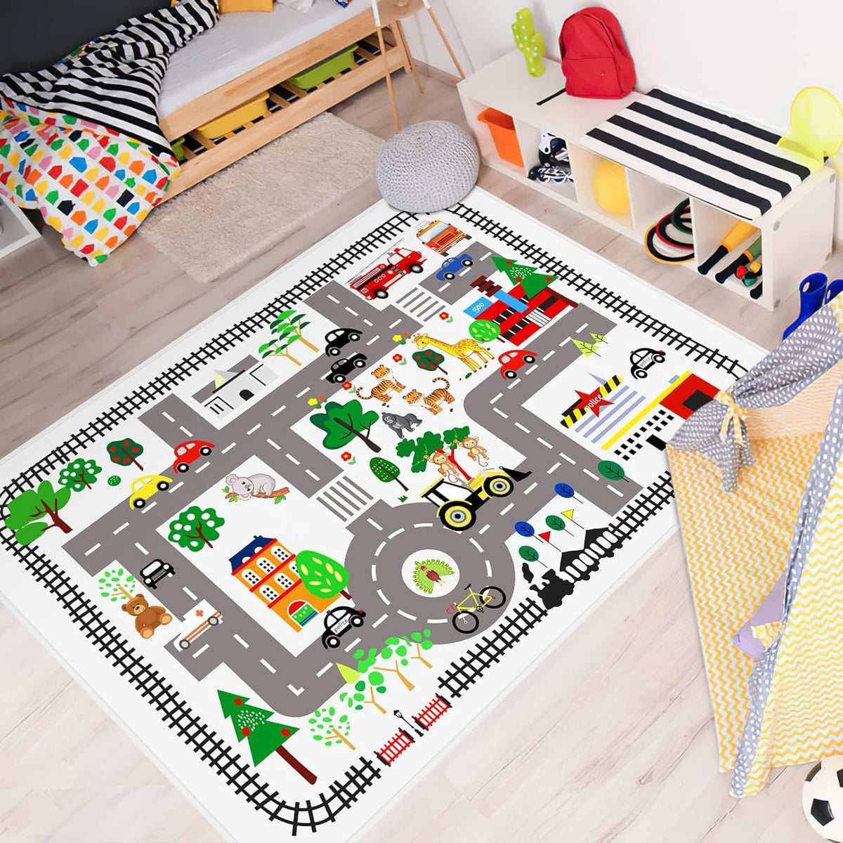 Play Mat Kids Rug Carpet Playmat Extra Large Learn Have Fun Safe Road Traffic System Multi Color Study Activity Centerpiece Play Mat for Playing with Cars for Bedroom Playroom