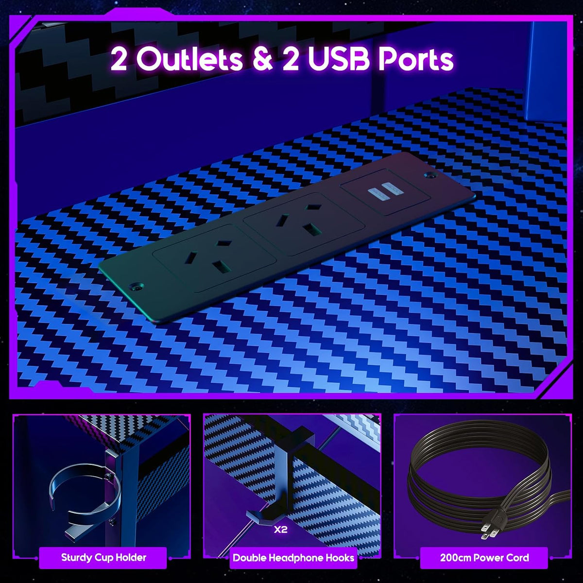 ODK L-Shaped Gaming Desk with LED Lights & USB Charging