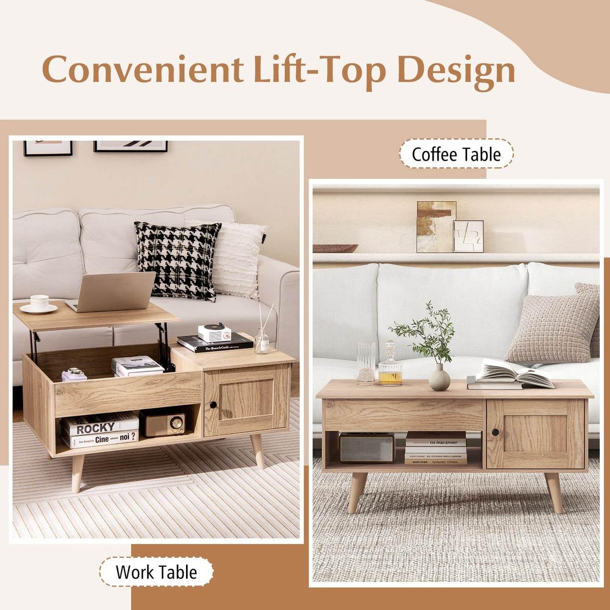 Lift-Top Coffee Table with Hidden Cabinet & Open Shelf