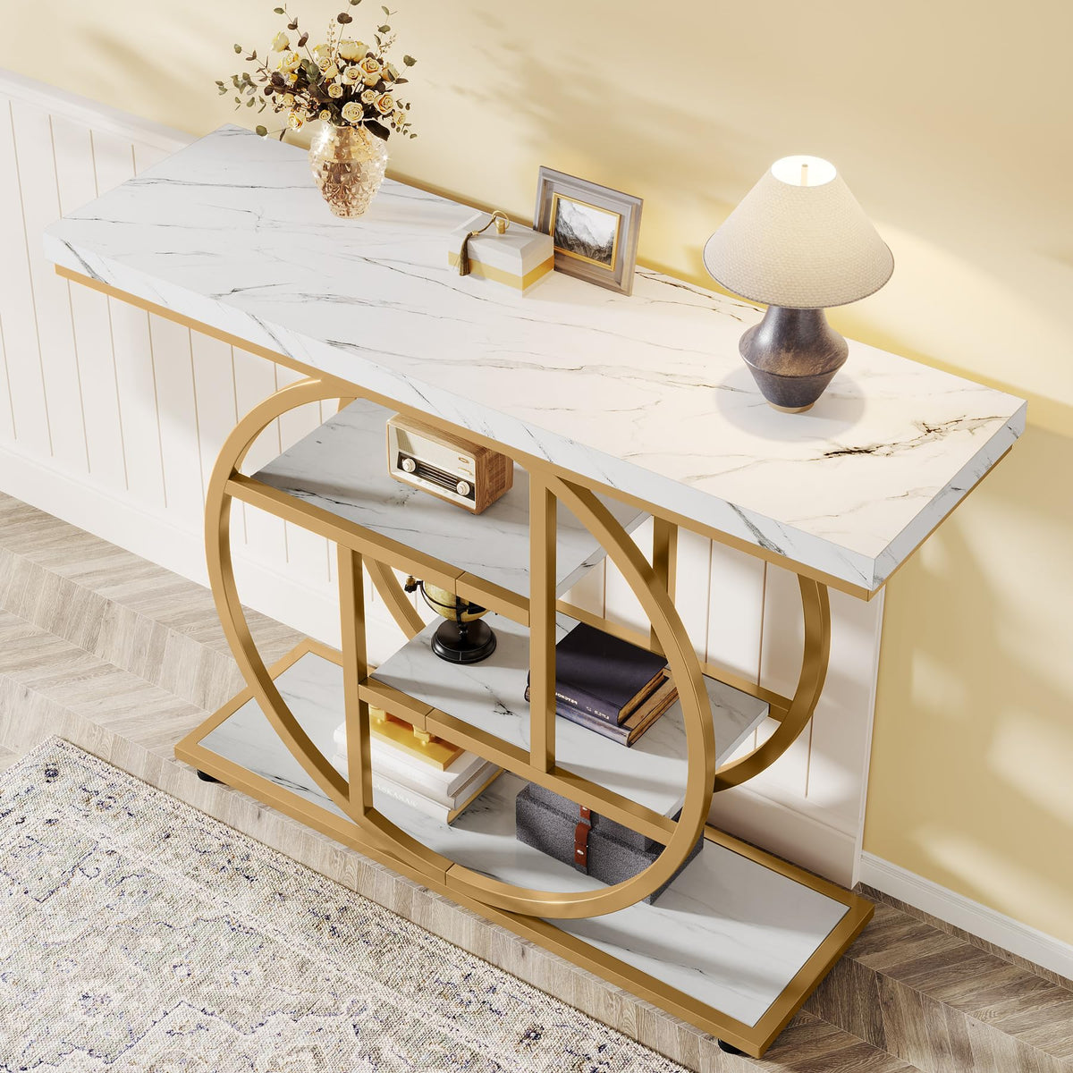 105 cm 4-Tier Industrial Console Table – White & Gold