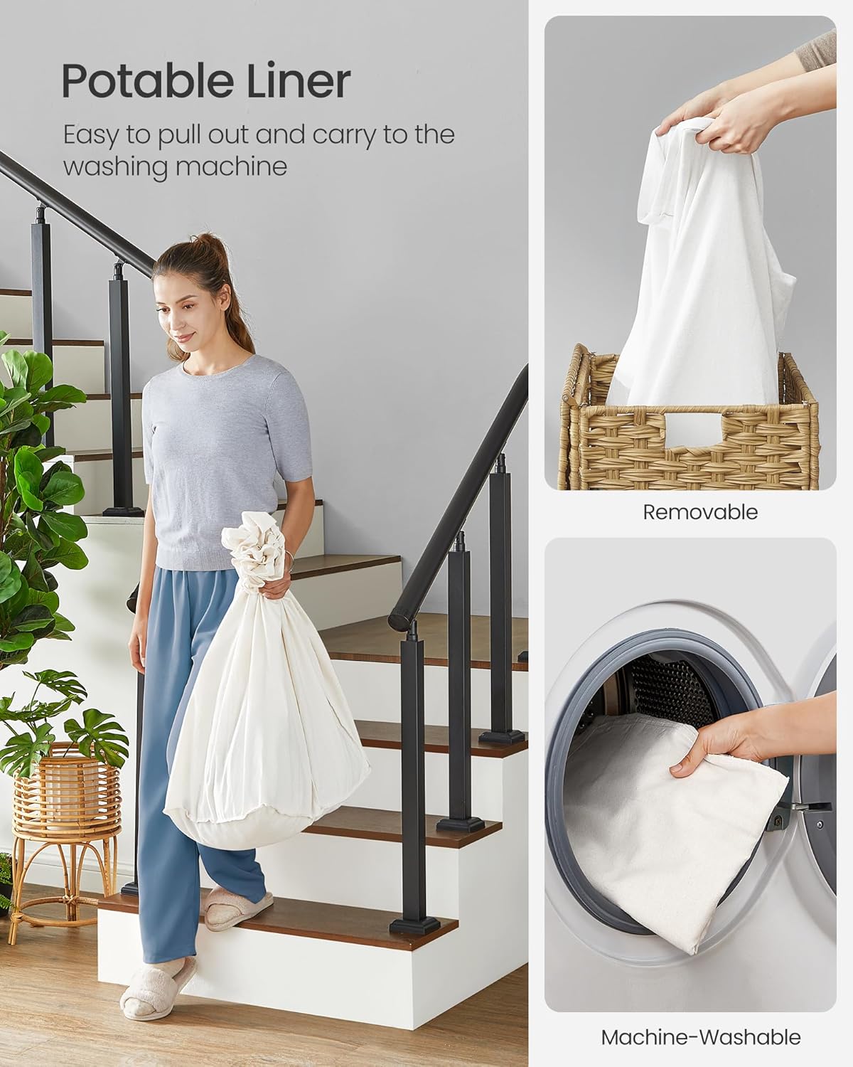 SONGMICS Laundry Hamper with Lid, 42.3 Gallons (160 L), Rolling Laundry Basket with Wheels, 3-Section Synthetic Rattan, Removable Liner, Bedroom, 27.6 x 14.2 x 26 Inches, Natural ULCB365N01