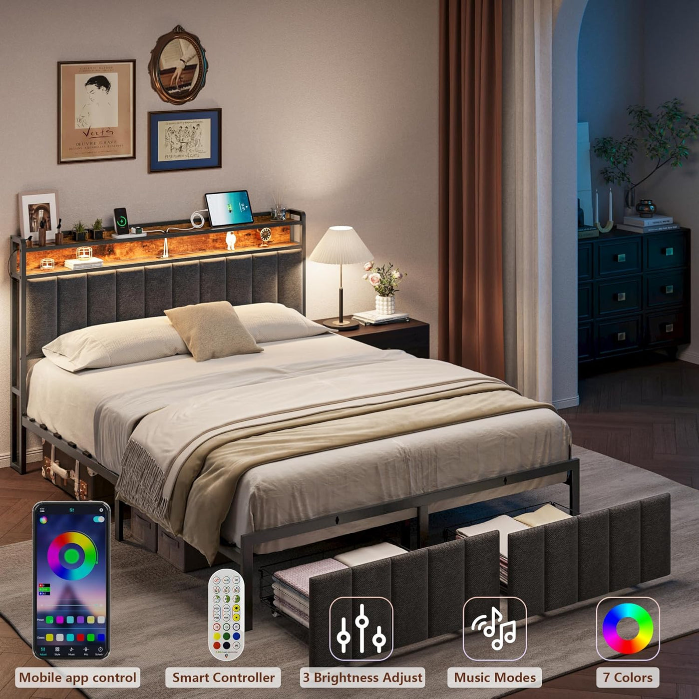 Bed Frame with Storage, Upholstered Bed Frame with LED Lights Headboard and 2 Drawers, Charging Station, Noise-Free, No Box Spring Needed, Easy Assembly, Grey