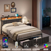 Bed Frame with Storage, Upholstered Bed Frame with LED Lights Headboard and 2 Drawers, Charging Station, Noise-Free, No Box Spring Needed, Easy Assembly, Grey