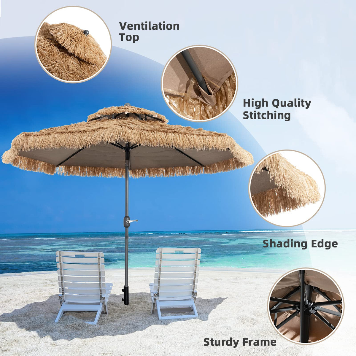 2.7–3 m Thatched Tiki Patio Umbrella with Tilt & Crank