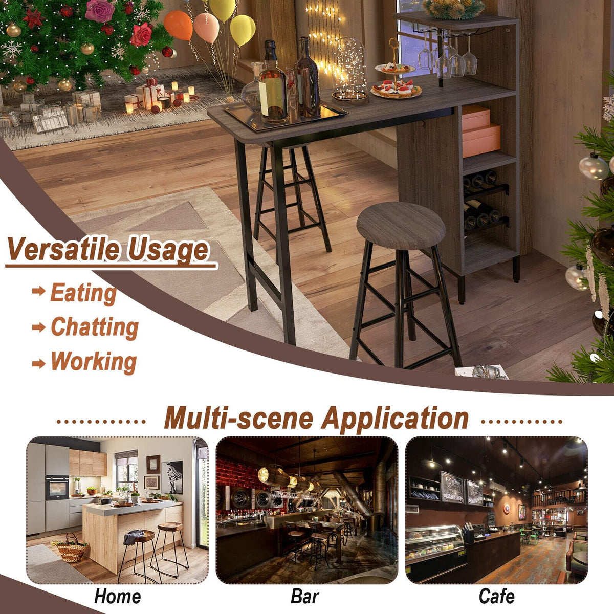 3-Piece Bar Table Set with Wine & Glass Storage