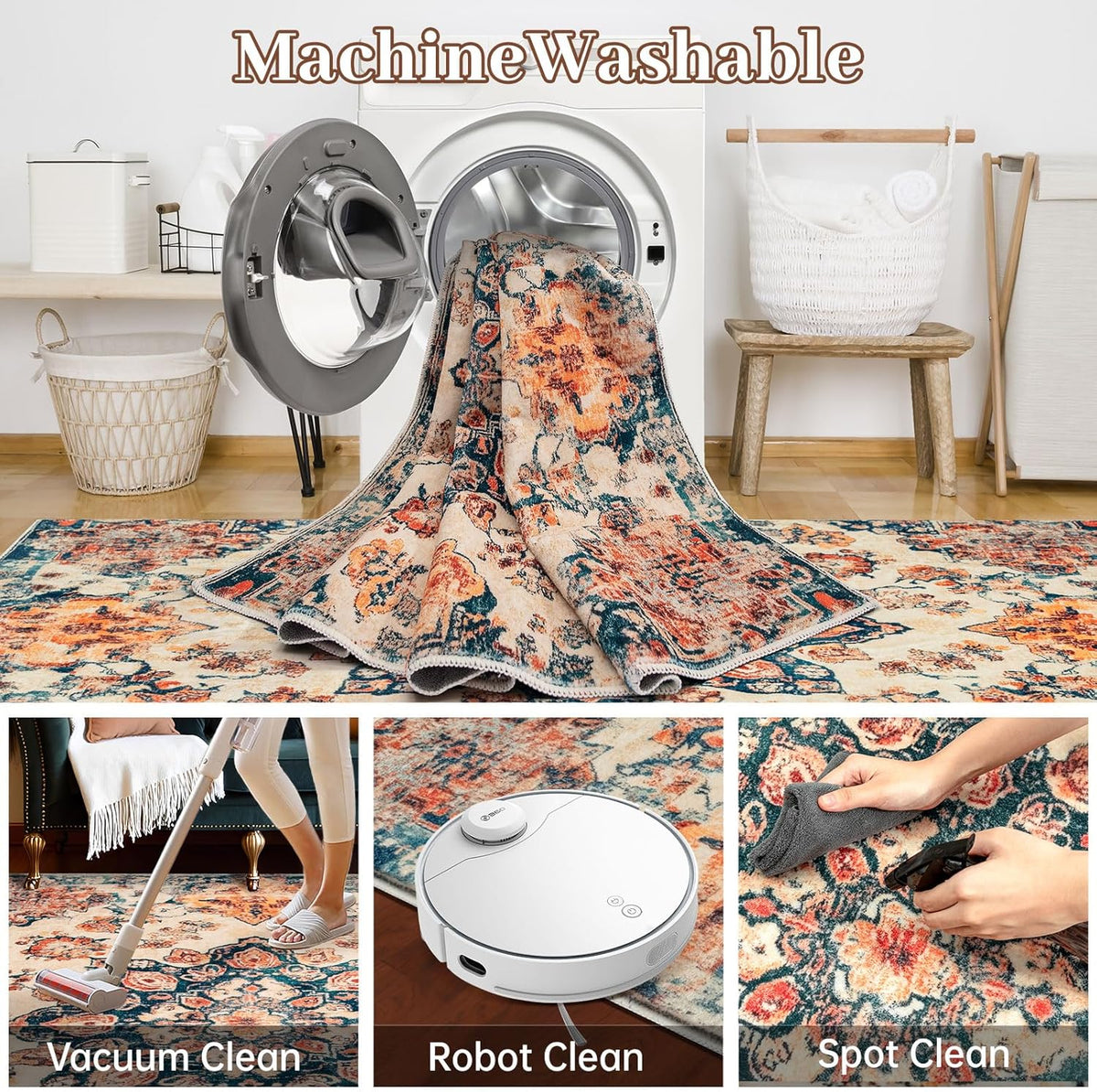 Caramel-Beige Vintage Washable Indoor Area Rug