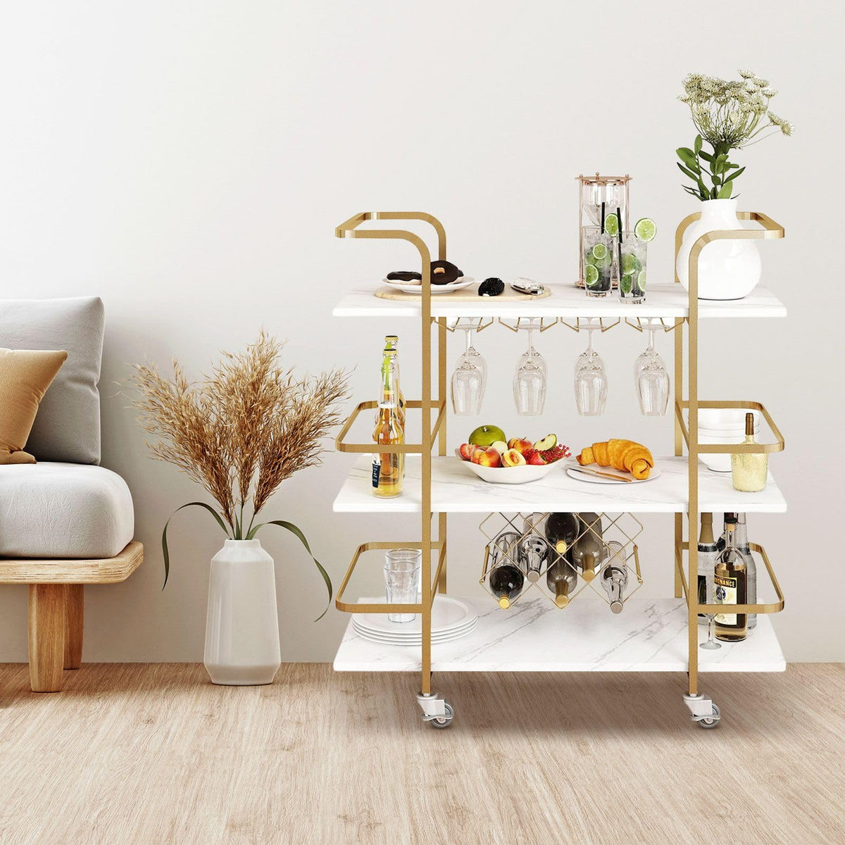 3-Tier Gold & White Bar Cart with Wine Storage