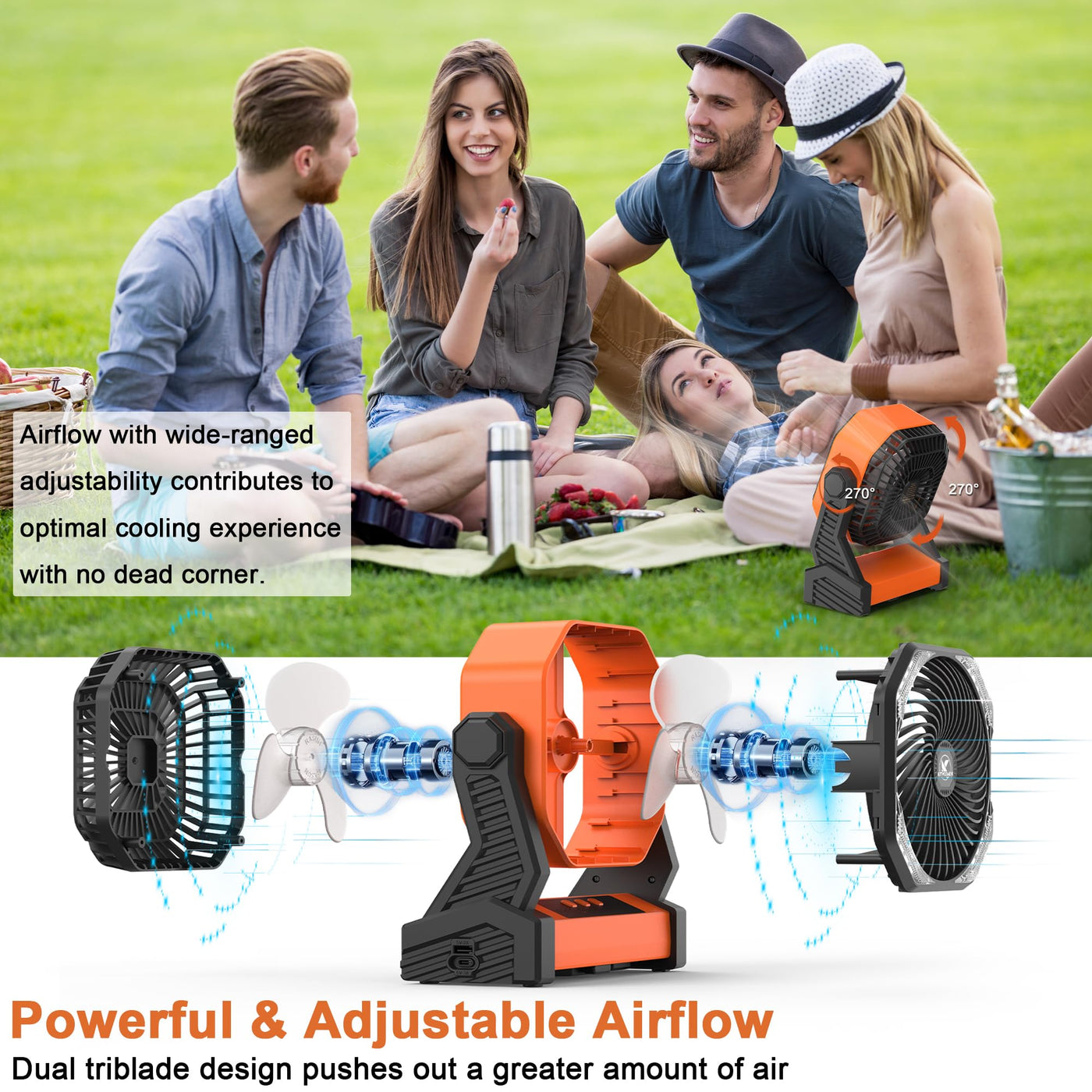 20,000 mAh Rechargeable Camping Fan with LED Light & Hook