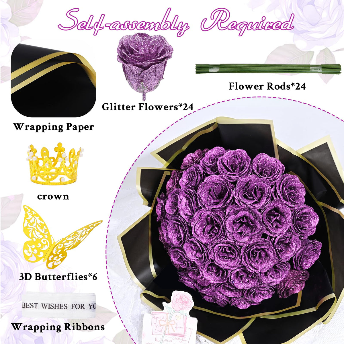 DIY Glitter Rose Bouquet Kit – 24 Artificial Roses