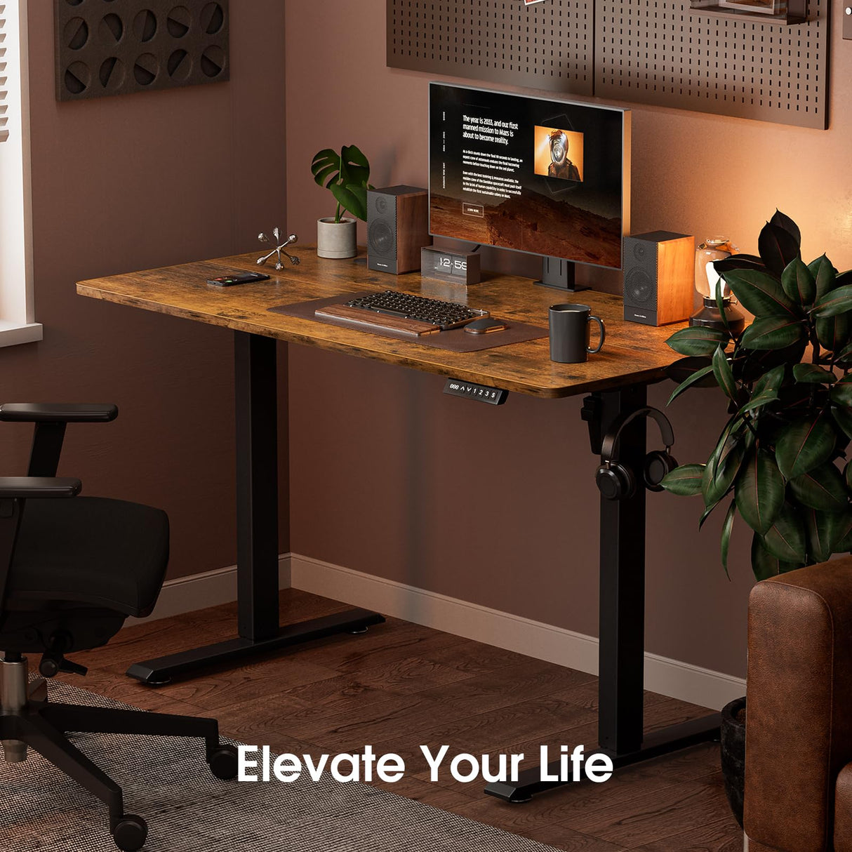 Electric Standing Desk, Height Adjustable Sit Stand Desk with Hooks for Home Office, Metal Frame Stand up Desk with Powerful Motor, Ergonomic Computer Desk for Home Office 120×60CM(Brown)