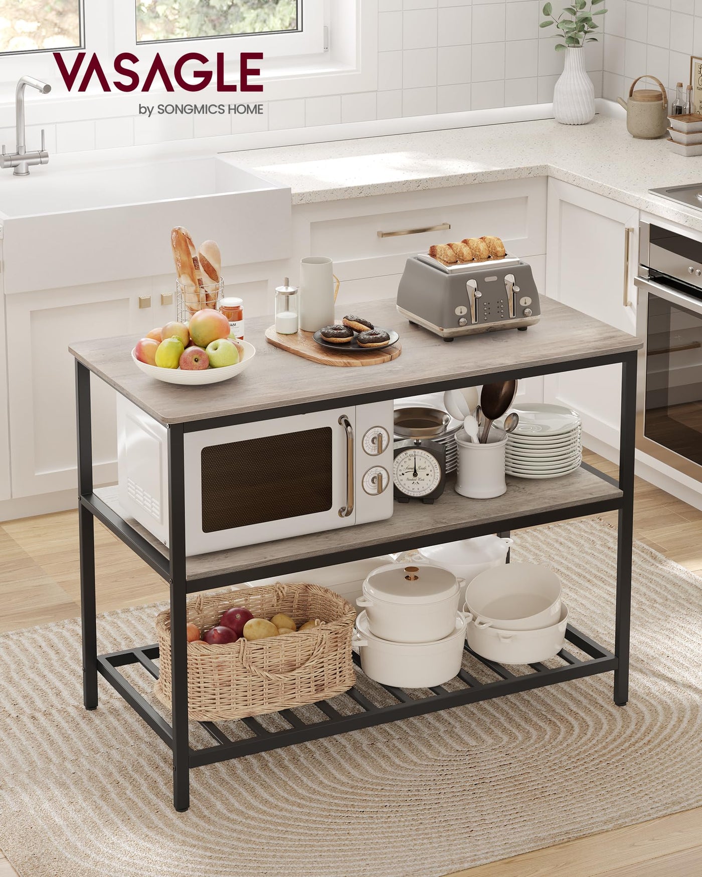 120 cm Kitchen Island with 3 Shelves – Greige & Black