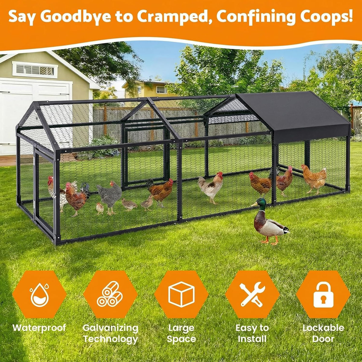 Galvanised Chicken Coop Run with Cover – 3 × 1 × 1 m