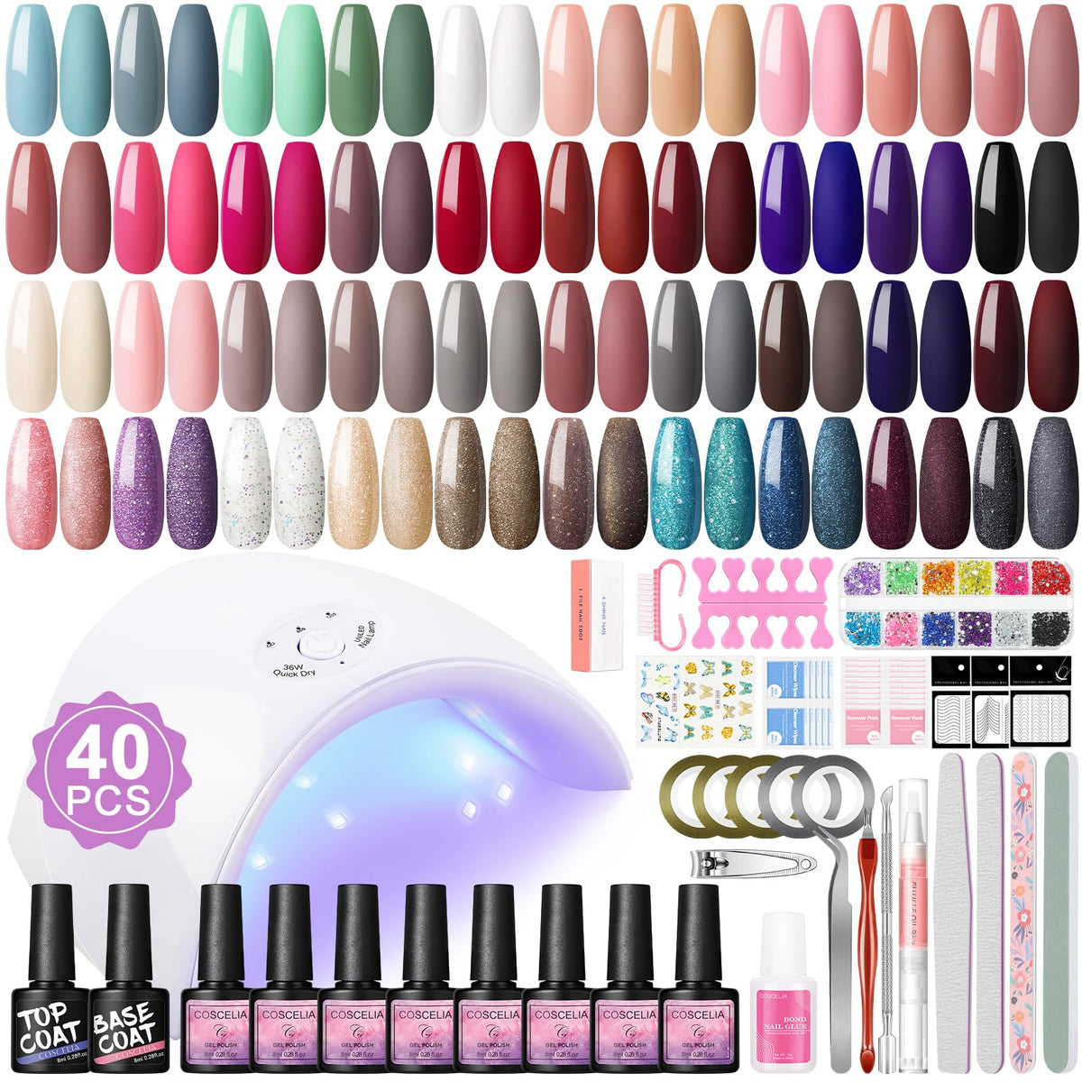 40 Colors Gel Polish with 36W Nail Light Curing Gel Lamp for Nails Gel Nail Kit Soak off Base Coat Top Coat Gel Polish with Manicure Tools DIY Nail Kit for Beginner at Home, Gel Nail Set