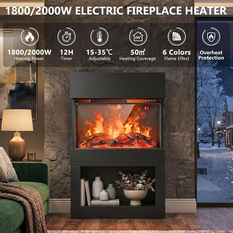 2000W Electric Fireplace Heater with Mantel, Powerful Space Heaters with 6-Color LED Flame, 2 Heating Levels, 12H Timer, Lower Storage, Overheat Protection for Indoor Use, Black