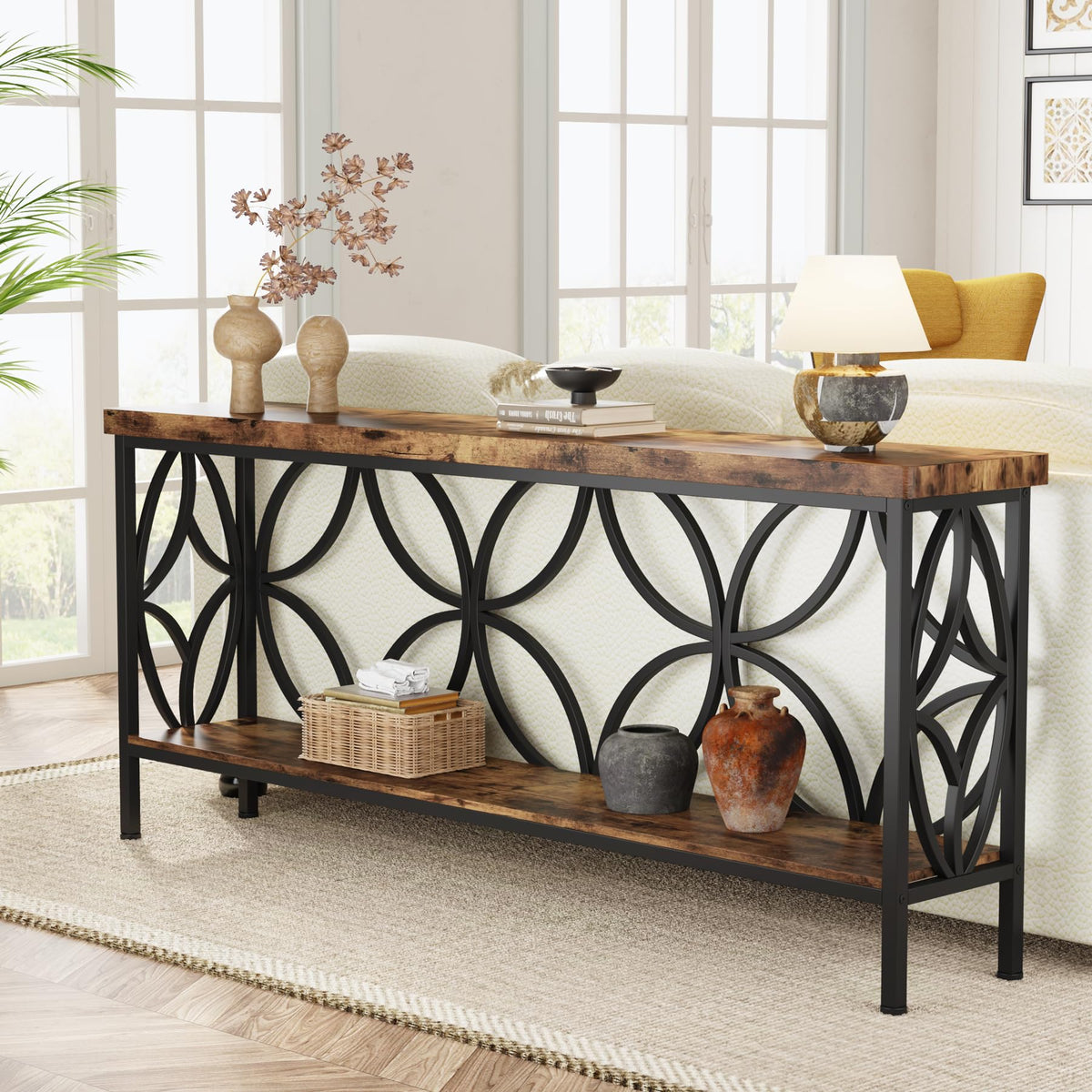 Narrow Sofa Table, Industrial Long Sofa Table Behind Couch, Entry Console Table with Storage for Entryway, Living Room, Foyer, Unique Design, Rustic Brown 70.9-Inch
