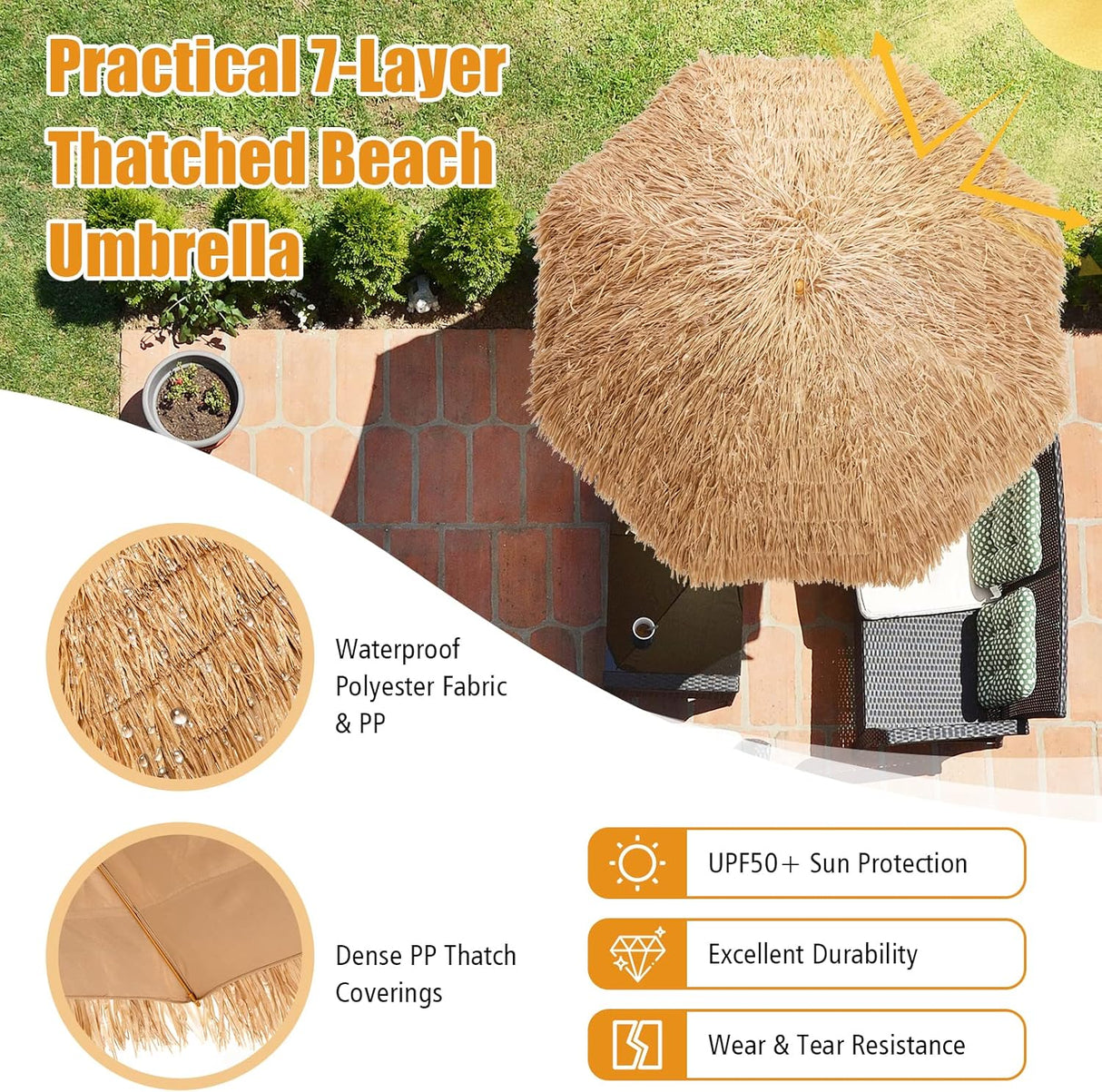 Costway 8 FT Thatched Tiki Umbrella, Hawaiian Style Outdoor Hula Umbrella w/8 Metal Ribs, 7-Tier Straw Top, Press Button, Portable Palapa Tropical Umbrella for Beach, Yard, Poolside, Natural …