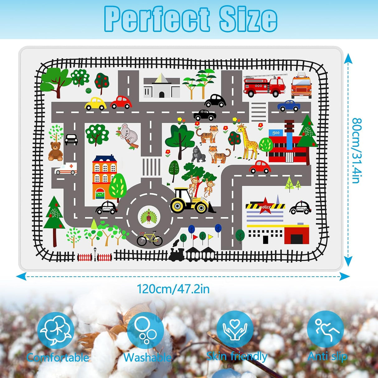 Play Mat Kids Rug Carpet Playmat Extra Large Learn Have Fun Safe Road Traffic System Multi Color Study Activity Centerpiece Play Mat for Playing with Cars for Bedroom Playroom