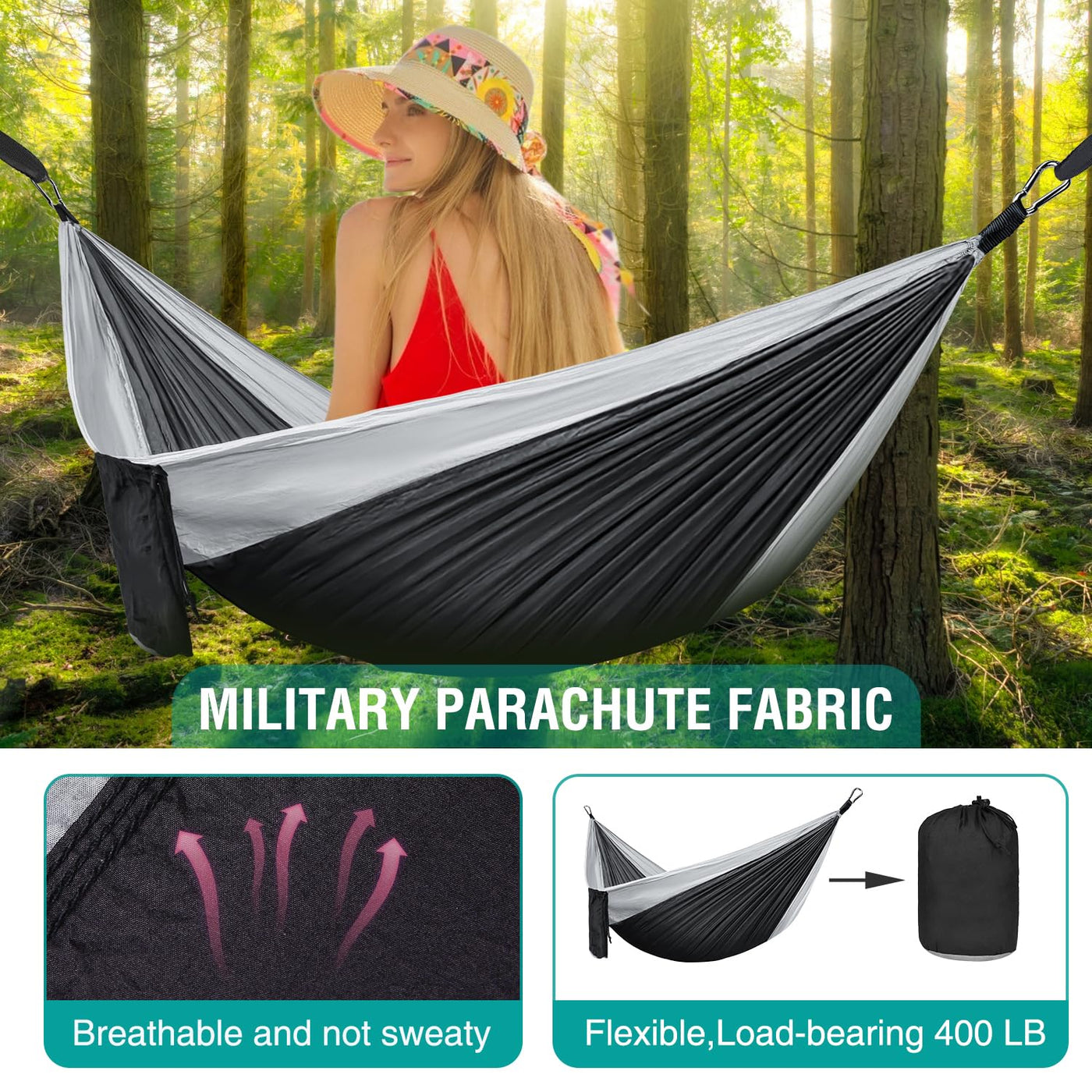 Portable 210D Nylon Camping Hammock – Black & Grey