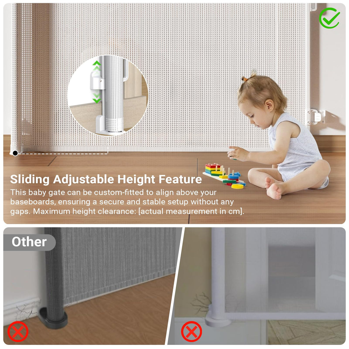 Retractable Baby Gate Durable Portable Mesh Gate Easy Installation 86CM Tall Stretches 180CM Wide for Large Stairs Retractable Dog Gates for Doorways Stairs Indoor Outdoor(White,86CMx180CM)
