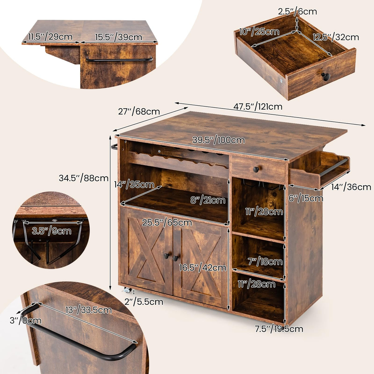 121 cm Rolling Kitchen Island with Drop Leaf, Wine Rack & Storage