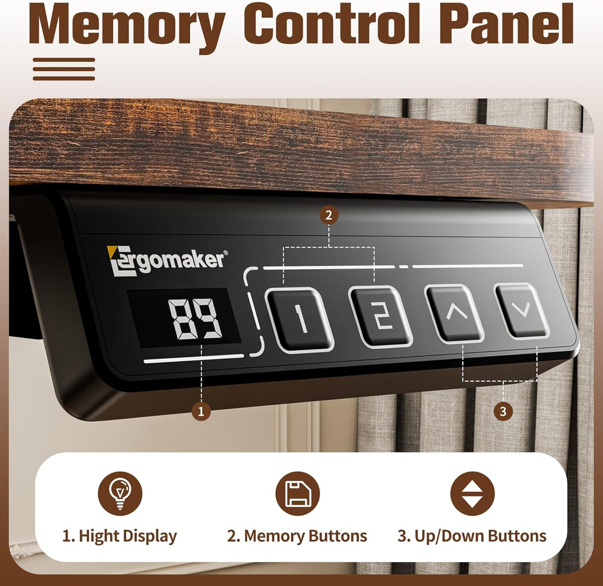 ERGOMAKER Electric Standing Desk 90x60cm (35.4"x23.6"), Height Adjustable Standing Desk with Splice Board, Sit Stand Desk with Hook and Memory Smart Handset(Black Frame + Rustic Brown Desktop)