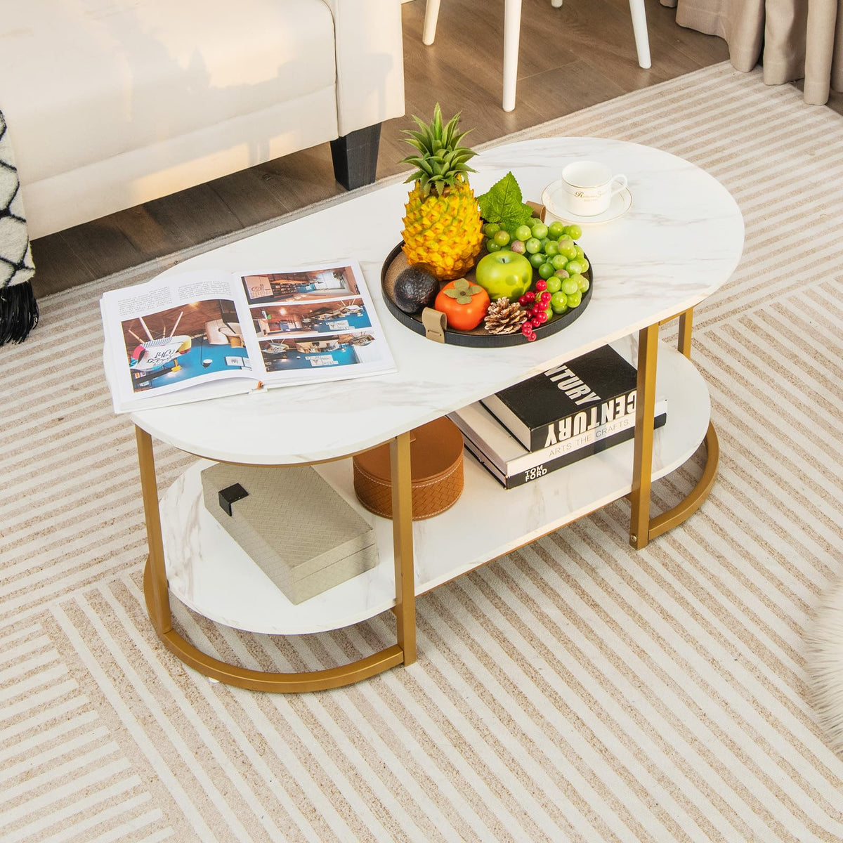 2-Tier Oval Faux-Marble Coffee Table – White & Gold