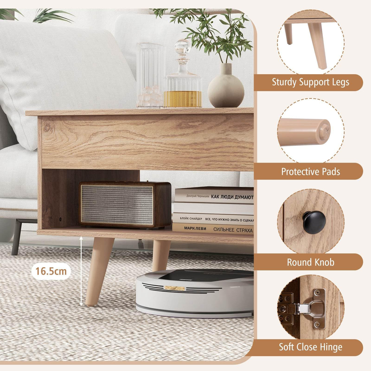 Lift-Top Coffee Table with Hidden Cabinet & Open Shelf