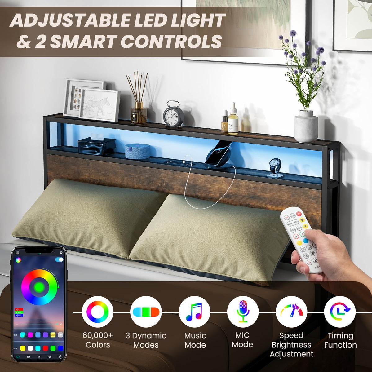 Queen Metal Platform Bed with RGB Headboard, Charging & 4 Drawers