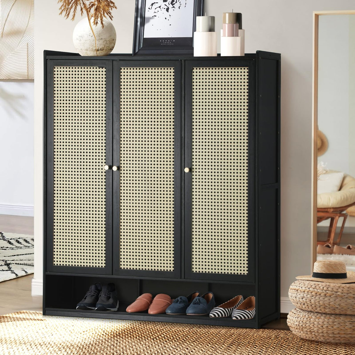 3-Door Rattan-Style Shoe Cabinet with 12 Shelves