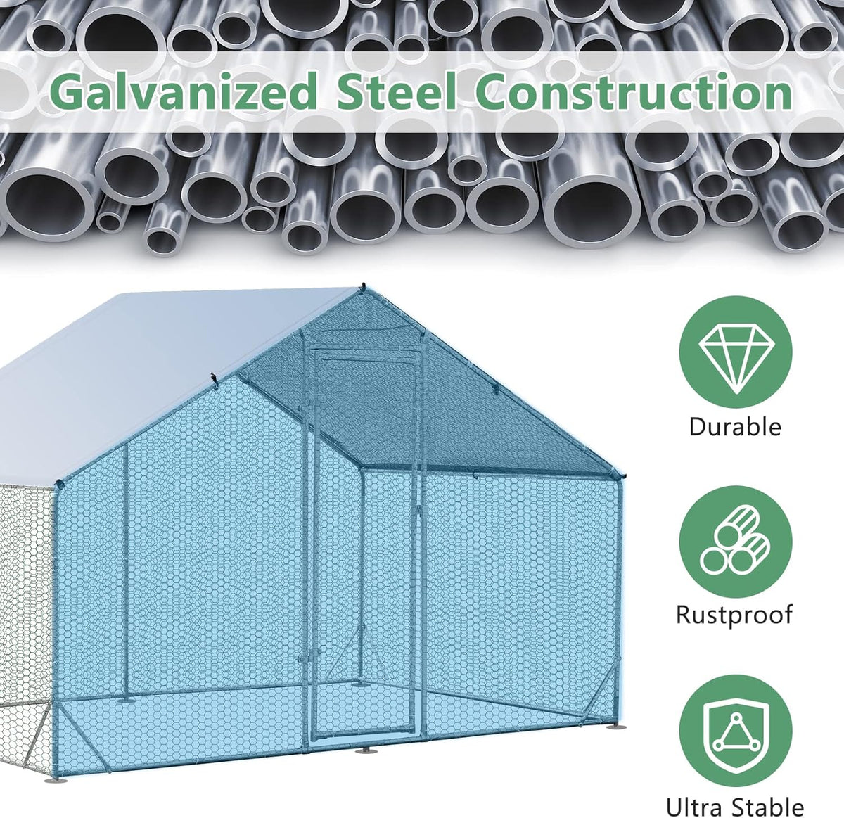 Galvanised Walk-In Poultry Run with Spire Cover – 3 Sizes