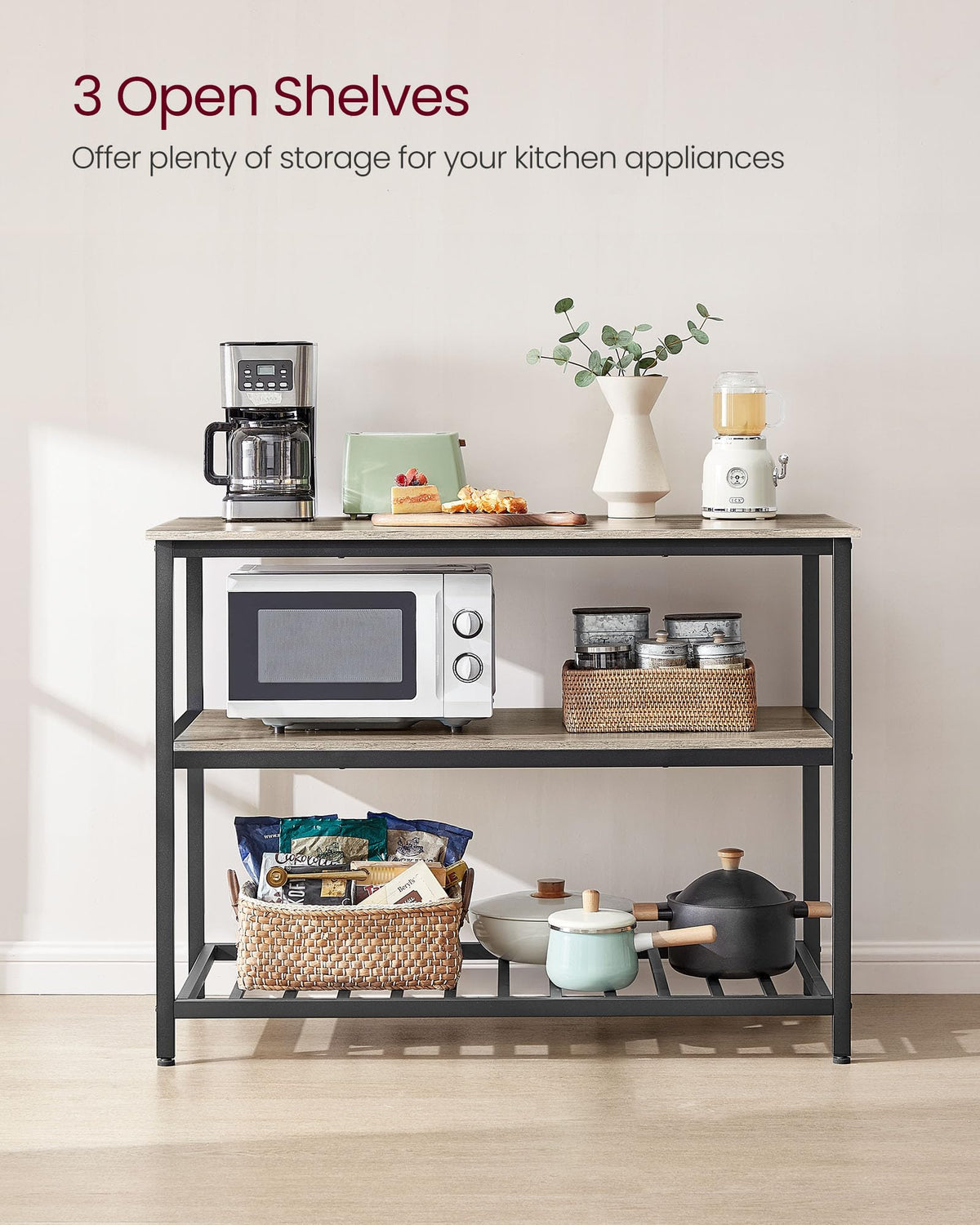 120 cm Kitchen Island with 3 Shelves – Greige & Black