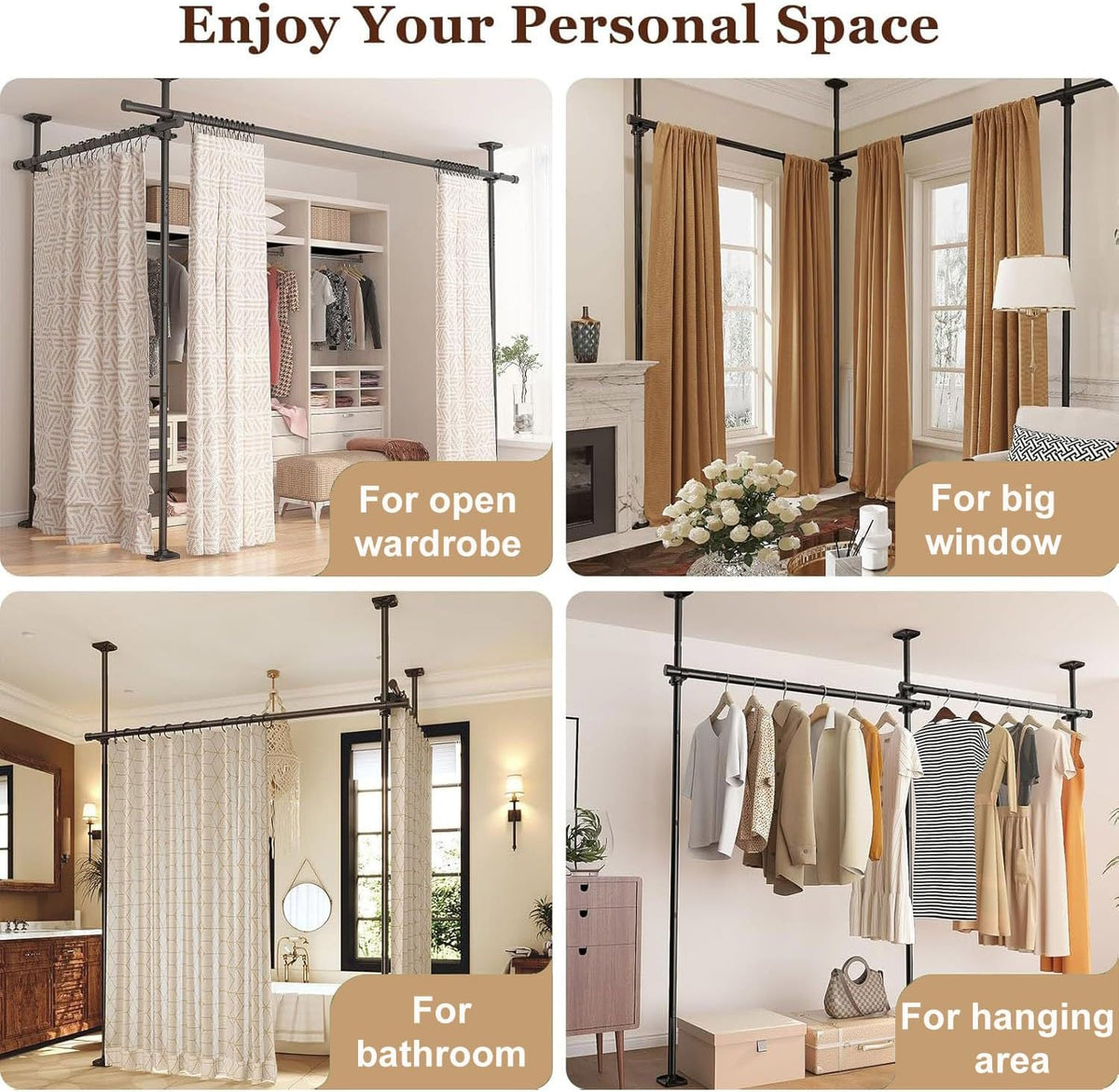 No-Drill Tension Room-Divider Curtain Rod – 6 Options