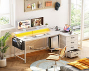 L Shaped Computer Desk with Monitor Stand 140x80cm,Reversible Corner Gaming Desk with LED Lights & Power Outlets& Storage Drawers,for Home Office Writing Study,140 * 80 * 89cm,White