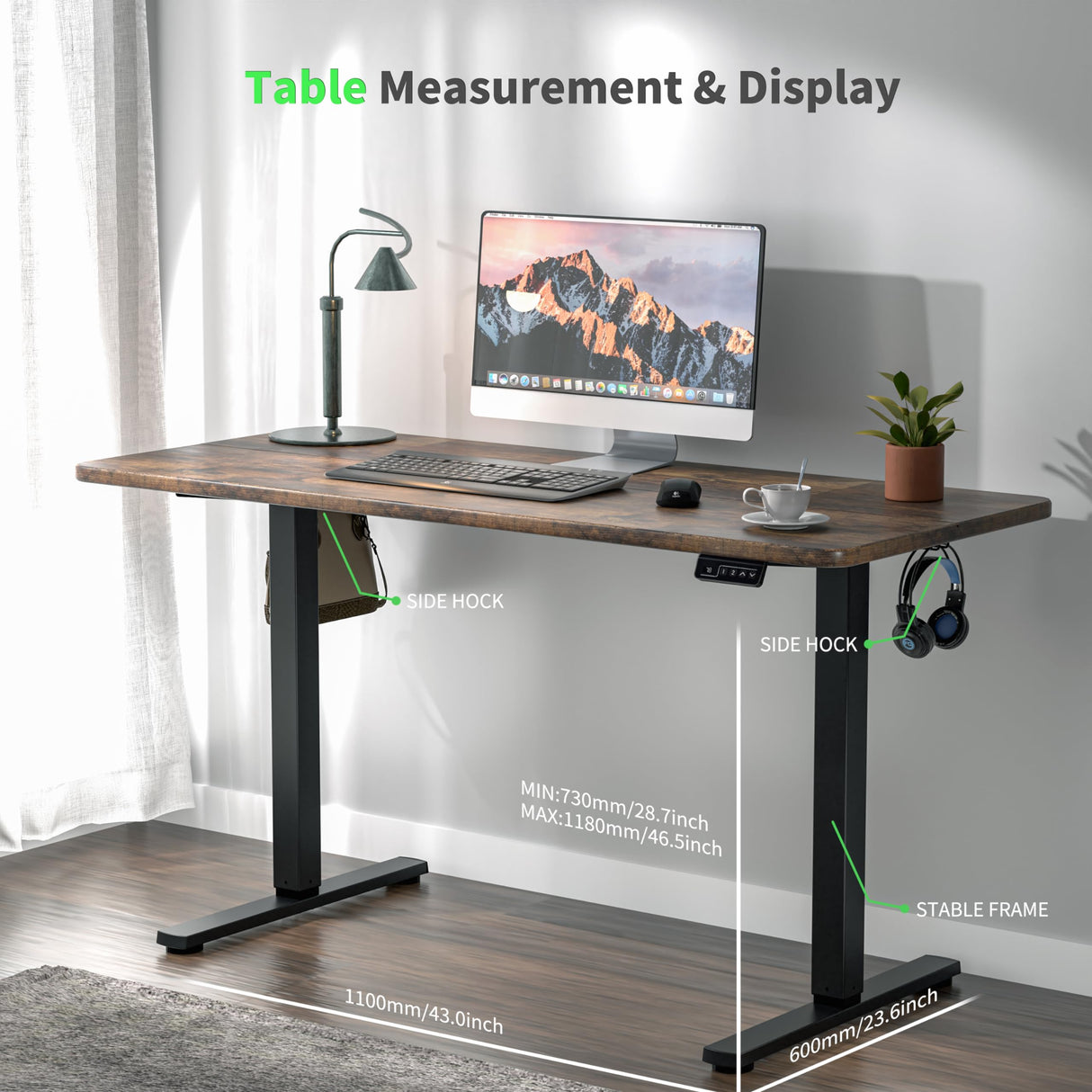 Electric Standing Desk 110x60cm (43.3"x23.6"), Height Adjustable Standing Desk with Splice Board, Stand Up Desk with Hook and Memory Smart Handset(Black Frame + Rustic Brown Desktop)