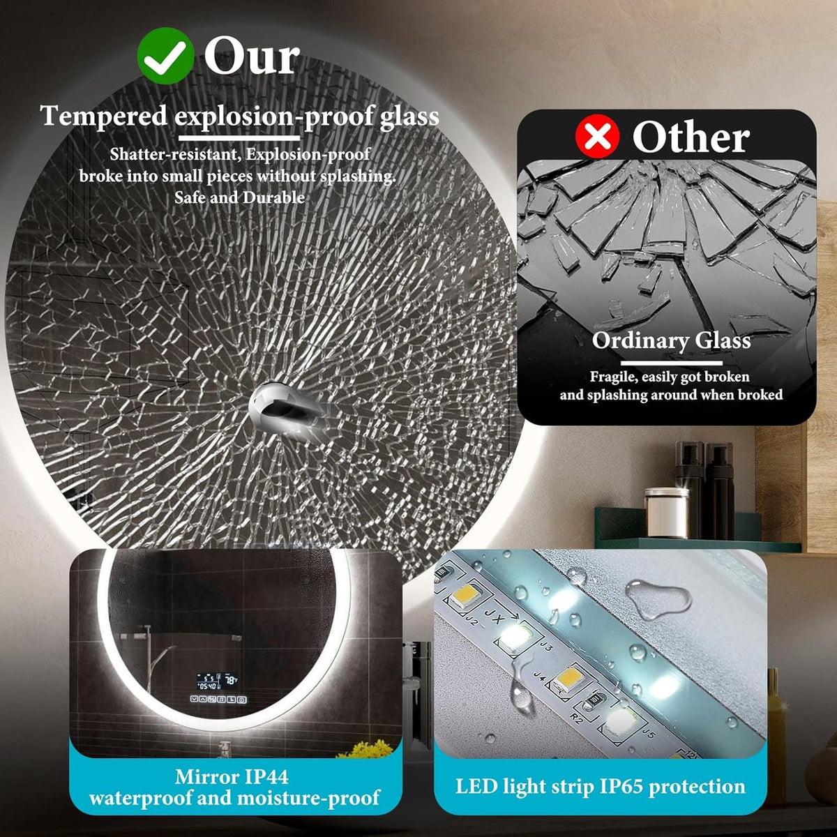 Smart Round LED Bathroom Mirror with Defogger & Audio