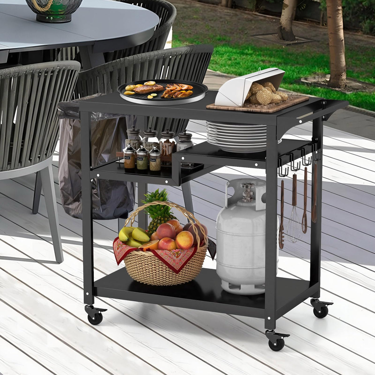 3-Shelf Outdoor BBQ & Pizza-Oven Prep Cart