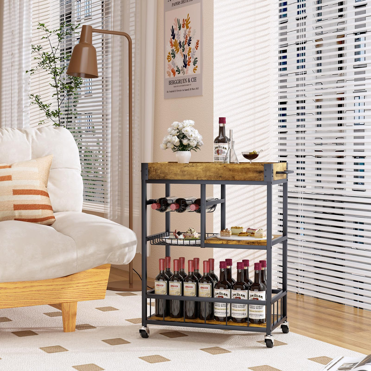 3-Tier Rustic Bar Cart with Removable Serving Tray