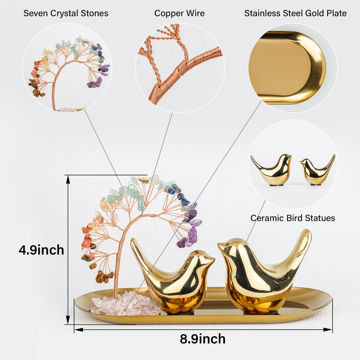 7-Stone Crystal Tree, Gold Bird & Tray Décor Set