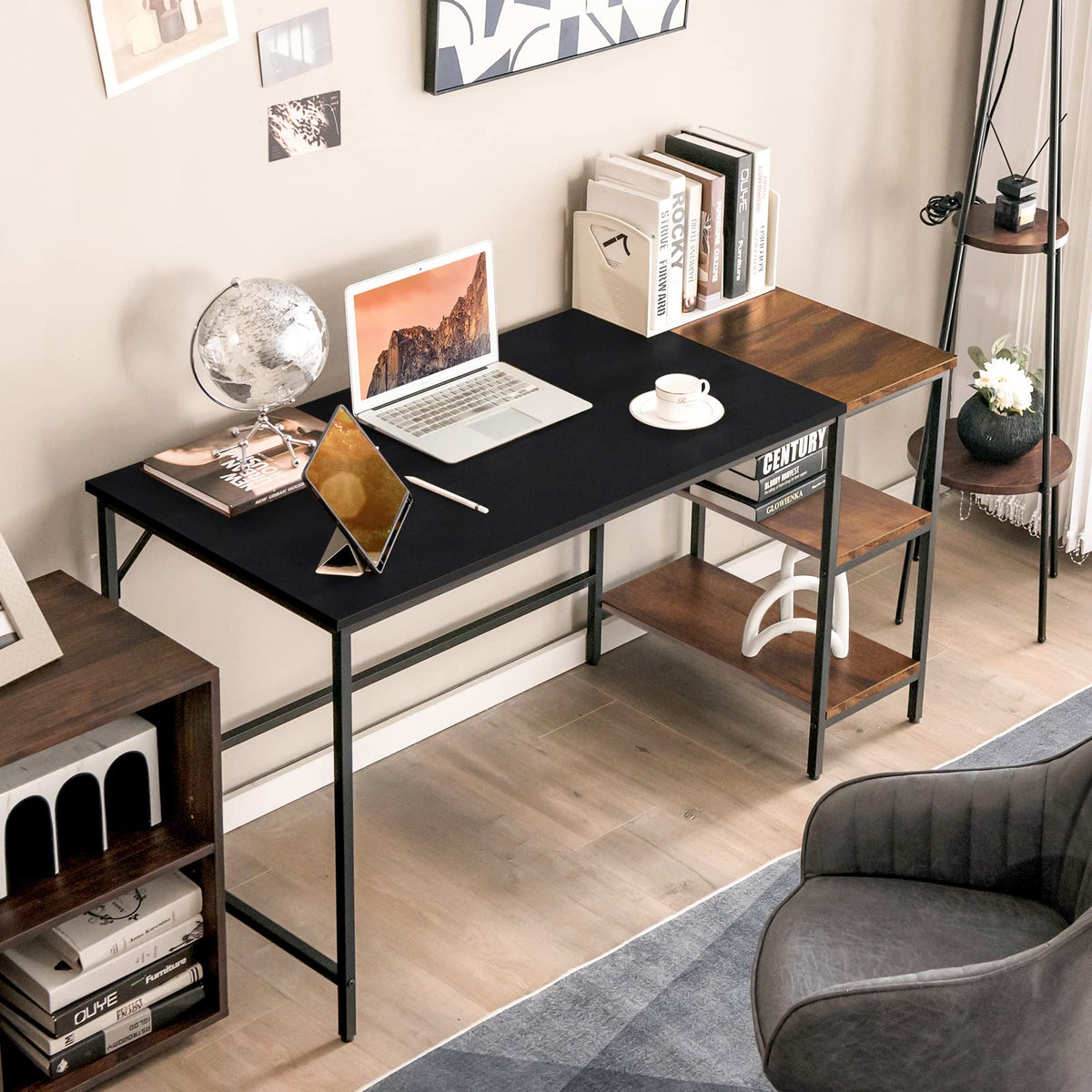 140 cm Black Computer Desk with 2-Tier Shelves