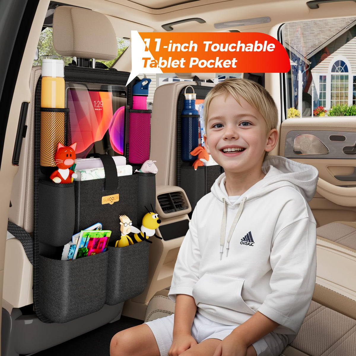 2-Pack Black Car-Seat Organisers with 11-Inch Tablet Holders