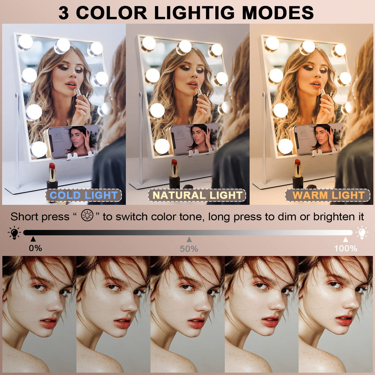 Hansong Lighted Vanity Mirror with Bluetooth Speaker and Wireless Charging Makeup Mirror with Lights 9 Dimmable Bulbs Lighted Makeup Mirror 3 Color Lighting Tabletop (White)
