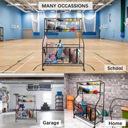 Rolling Sports-Ball Storage Rack with Baskets & Hooks
