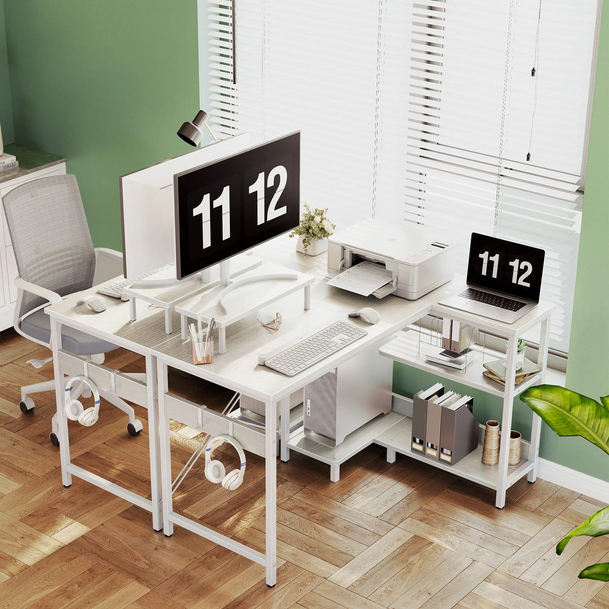 Reversible L-Shaped Desk with Shelves & Monitor Stand