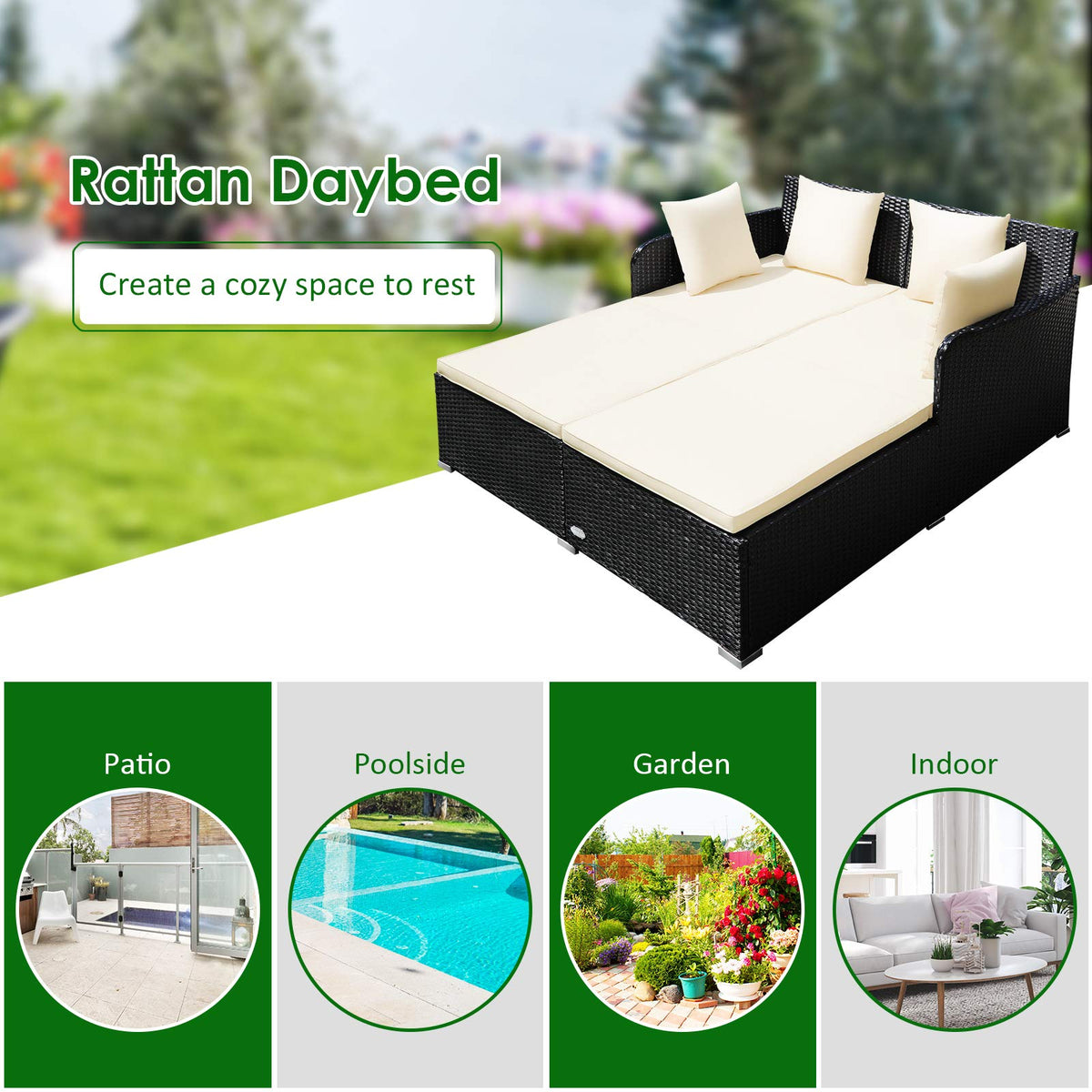Beige Rattan Outdoor Daybed with Cushion & 4 Pillows