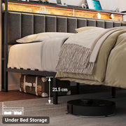 Bed Frame with Storage, Upholstered Bed Frame with LED Lights Headboard and 2 Drawers, Charging Station, Noise-Free, No Box Spring Needed, Easy Assembly, Grey
