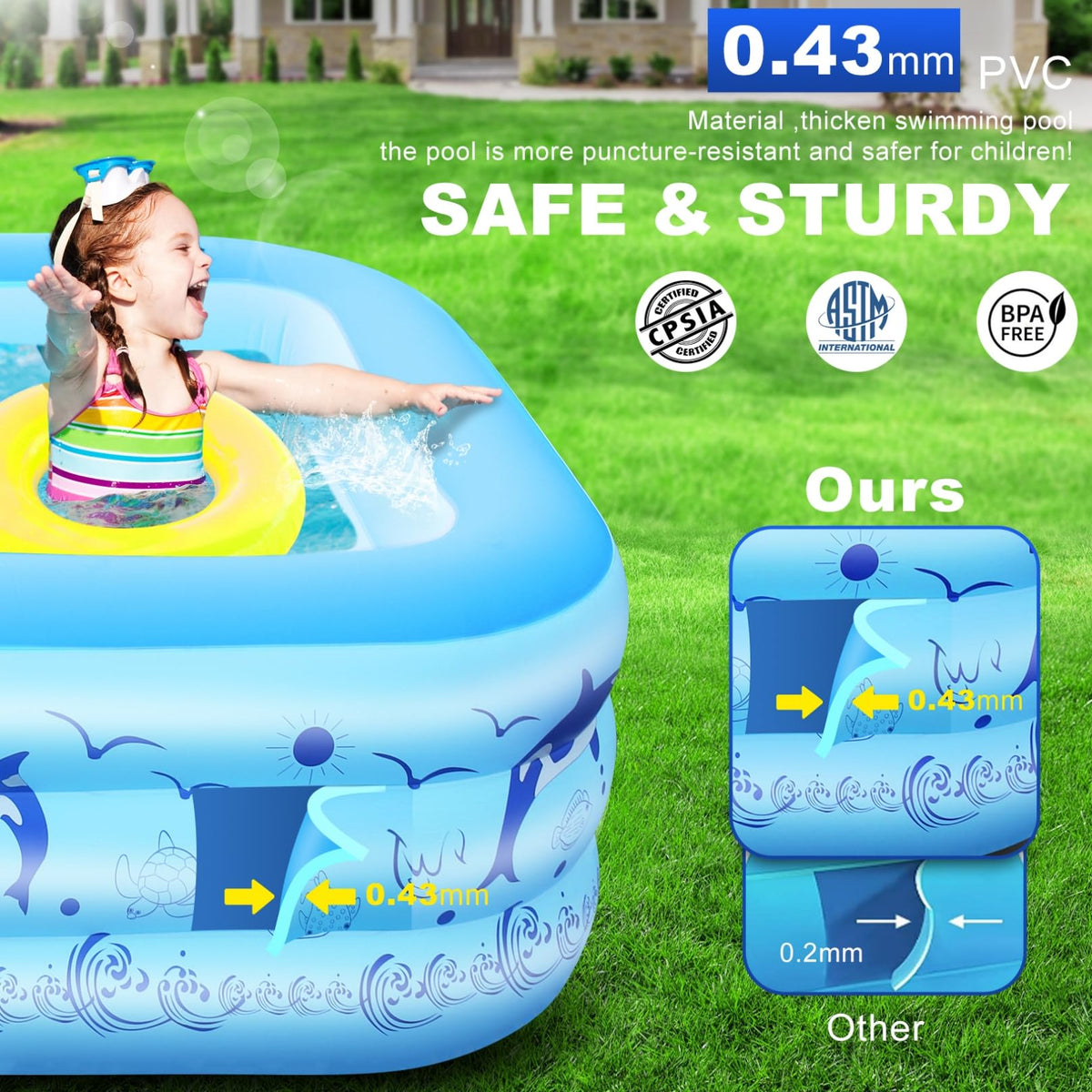 Inflatable Pool with Lights, 270cm Giant Family Inflatable Swimming Pool for Kids,Adults, Blowup Pool Solar Powered,Large Kiddle Pool,Oversized Thickened Pool for Backyard-Blue