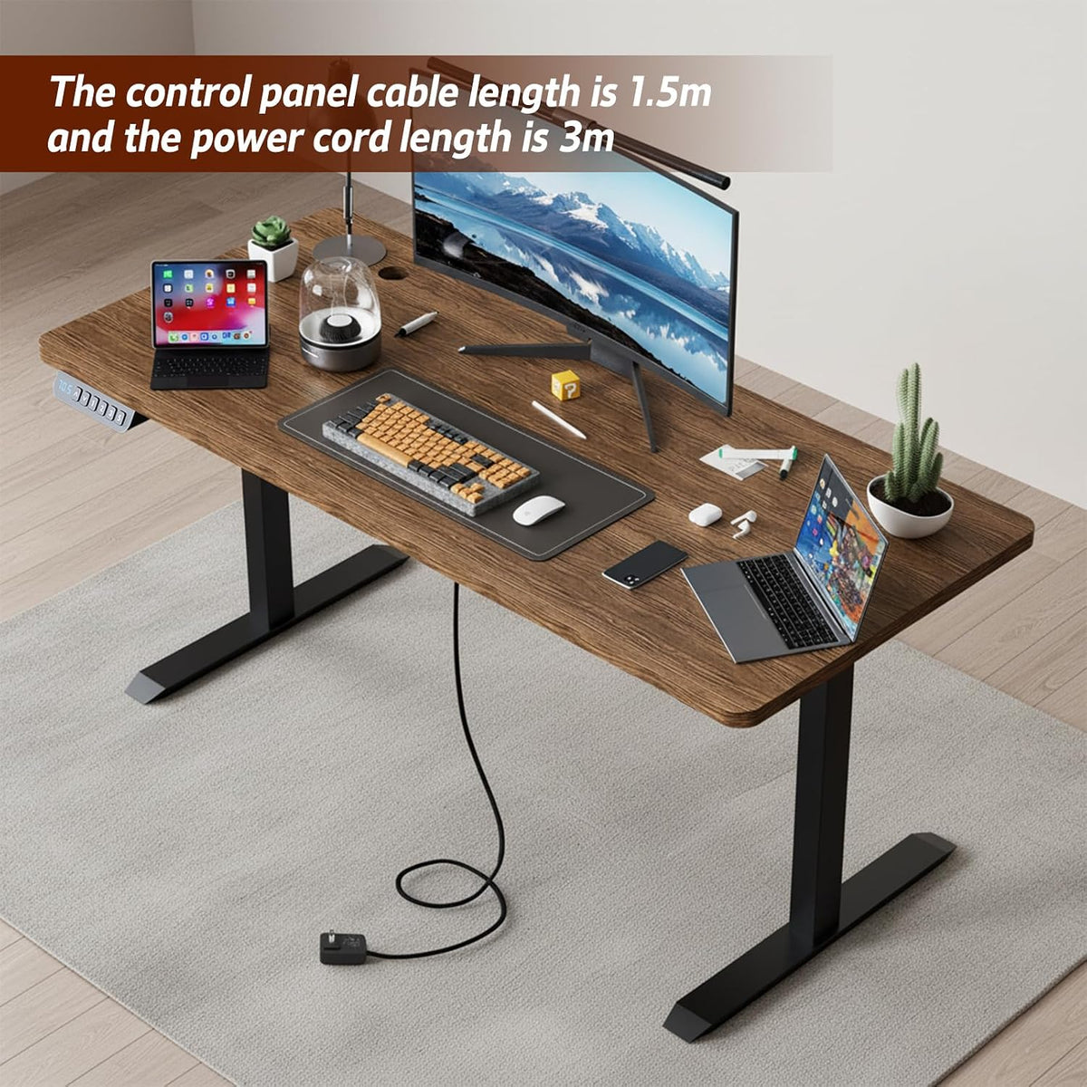 Electric Height-Adjustable Standing Desk – 120 × 60 cm, Brown Top