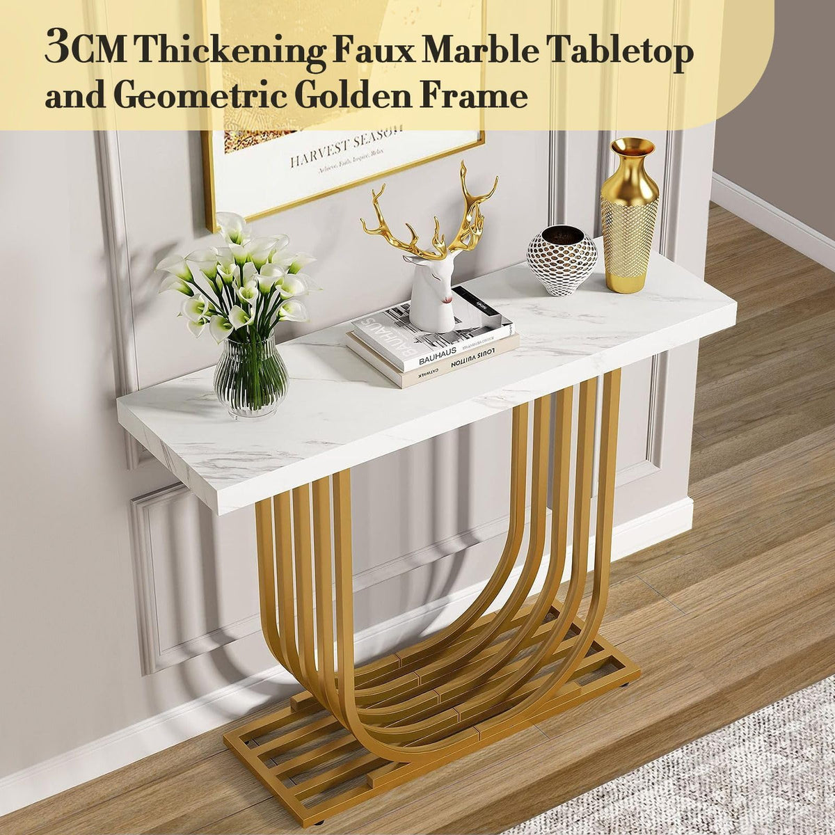 U-Shaped White Marble-Style Console Table
