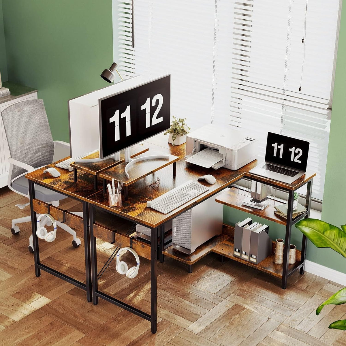 Reversible L-Shaped Desk with Shelves & Monitor Stand