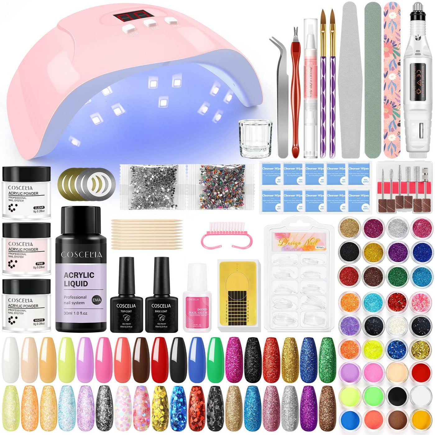 Acrylic Nail Kit with Nail Drill Machine 36W LED U V Nail Dryer with Acrylic Powder White Pink Clear and 36Pcs Nail Glitter Powder with basic manicure tools for Nail Builder for Women